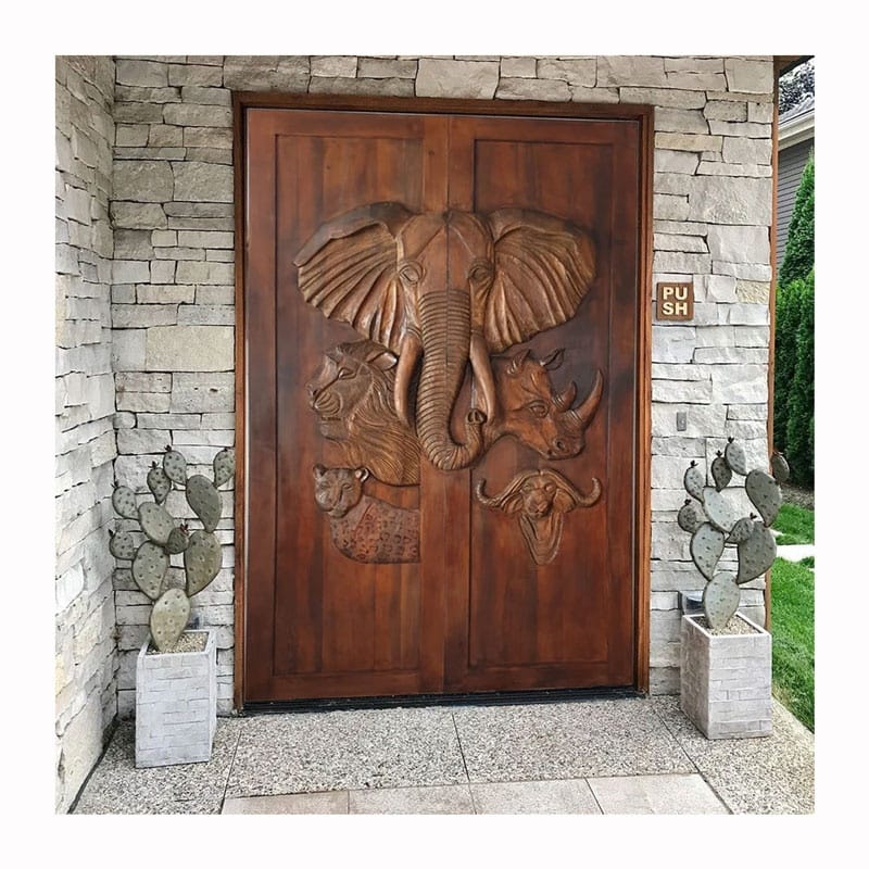 Kenya High Quality Home Security Double Carved Elephant Appearance Main Entrance Solid Wood Door Design