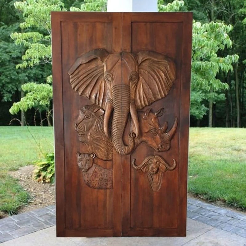 Kenya High Quality Home Security Double Carved Elephant Appearance Main Entrance Solid Wood Door Design