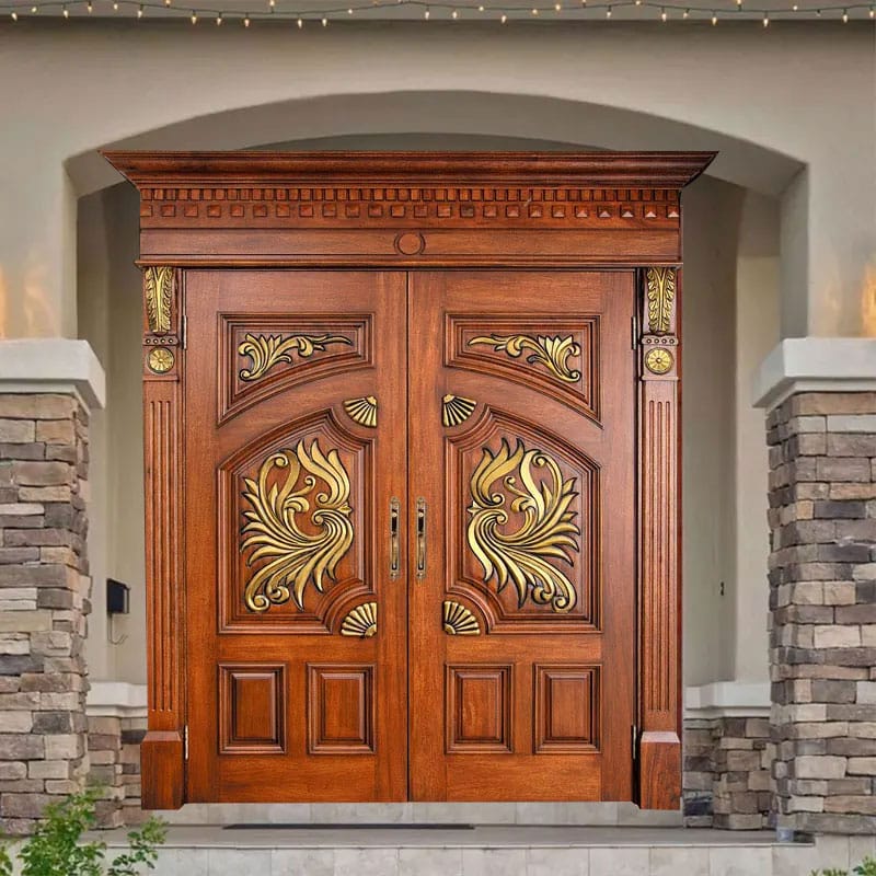 Customized European Style Villa Anti-theft Double Door by Manufacturer Luxurious Original Wood Phoenix Carved Painted Main Door