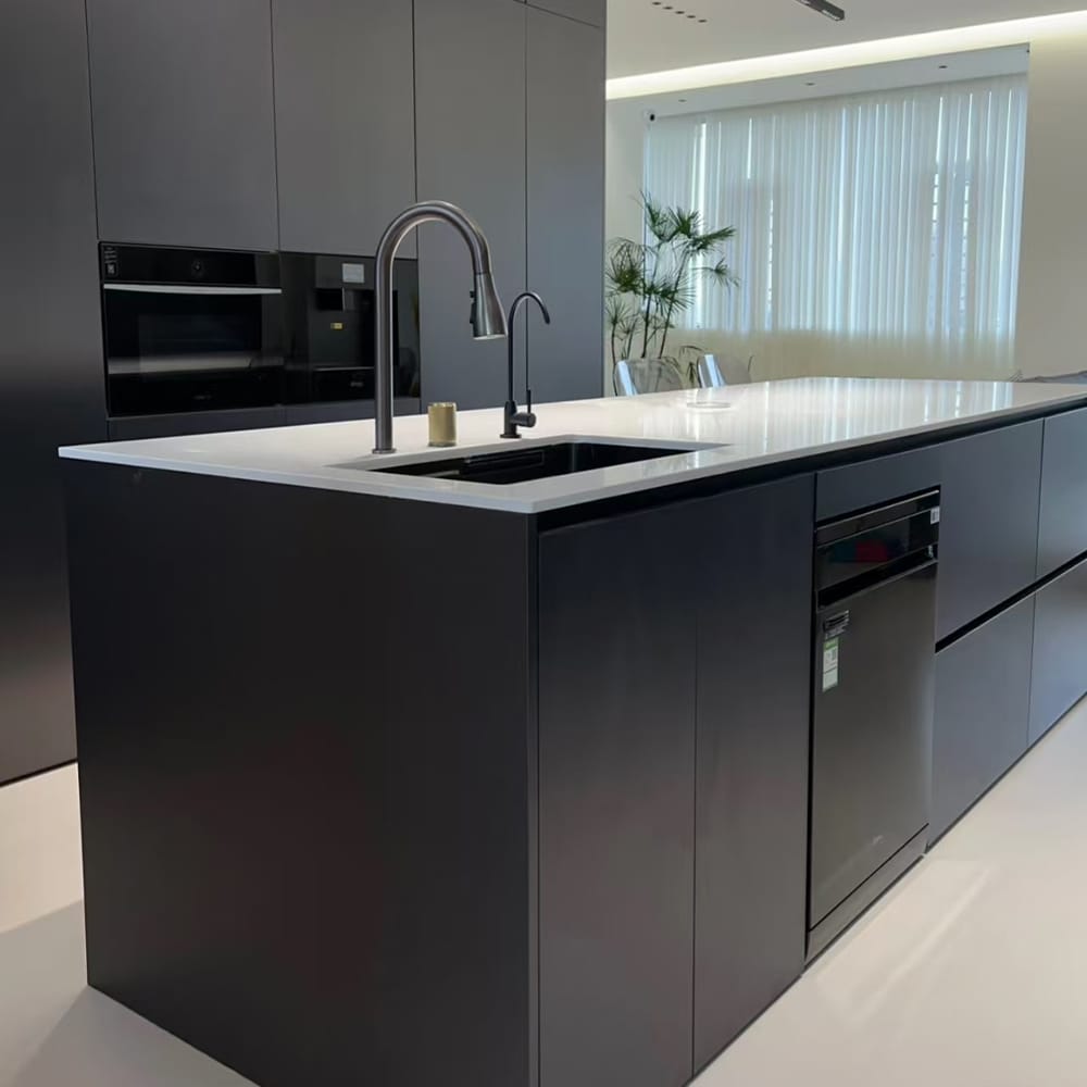 Luxury modern smart modular kitchen design wooden furniture veneer door panel economic wood wall kitchen cabinet with island