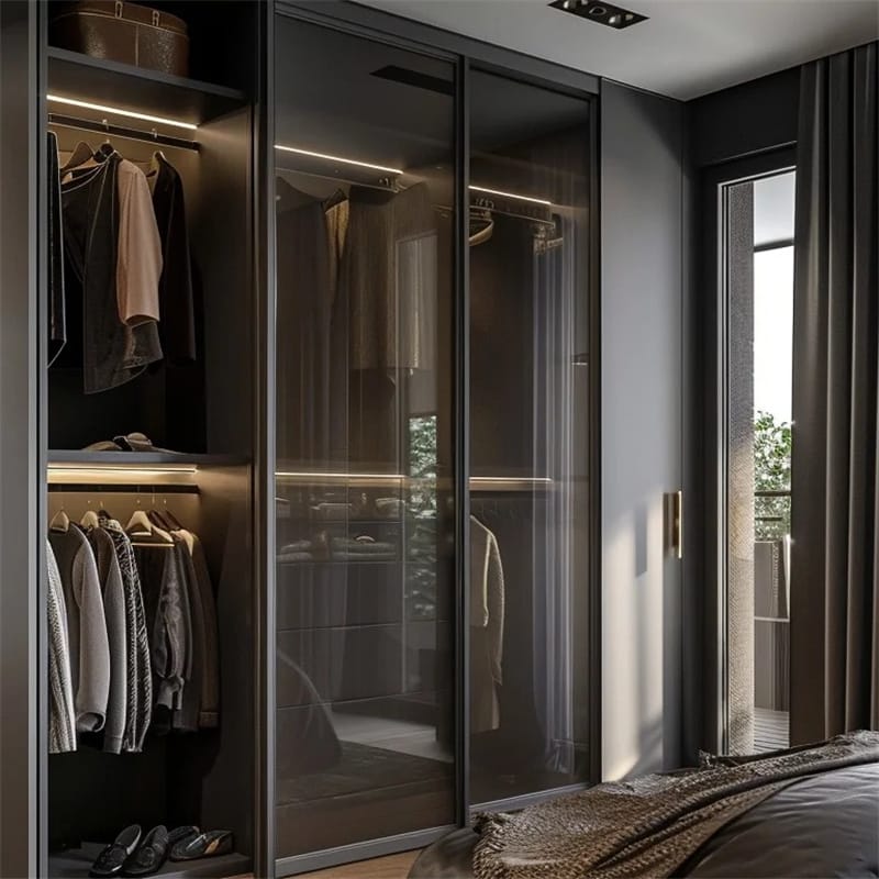 Luxury Black Wall Mounted Wardrobe with Glass Doors and Interior LED Lighting Customized Modular Closet Wardrobe