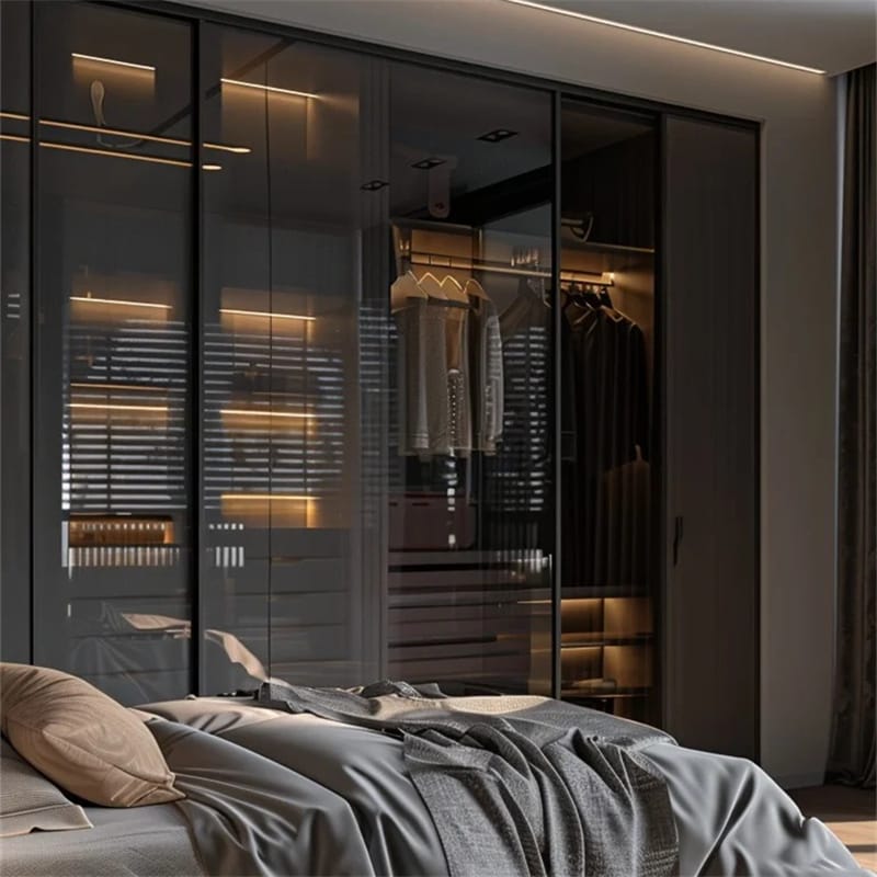 Luxury Black Wall Mounted Wardrobe with Glass Doors and Interior LED Lighting Customized Modular Closet Wardrobe