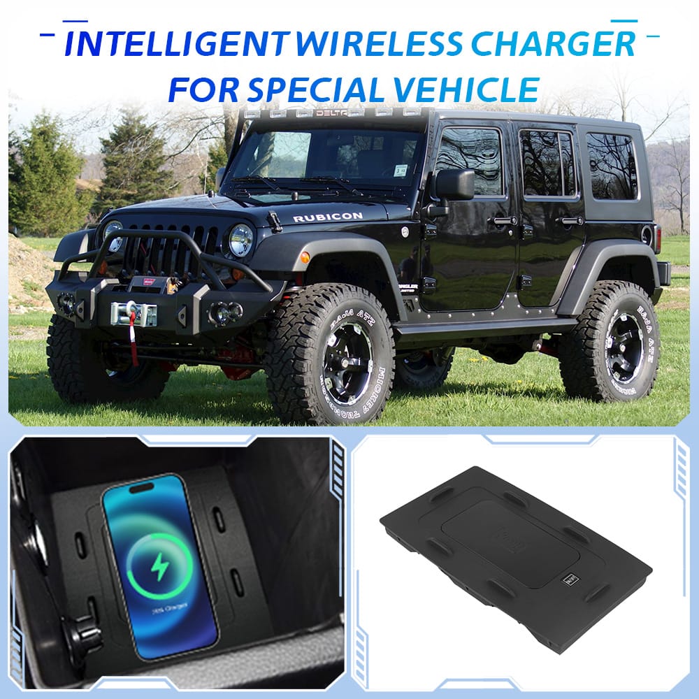 Tailor-made for the Jeep Wrangler JK | 15W Triple-Coil Wireless Fast Charging, freeing the rugged off-road cabin from cable constraints.
