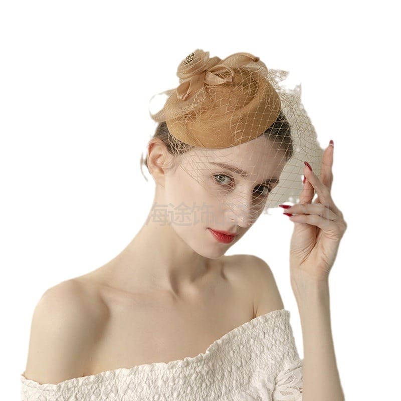 New cross-border khaki mesh top hat wholesale dance dinner elegant hair accessories small top hat female manufacturers