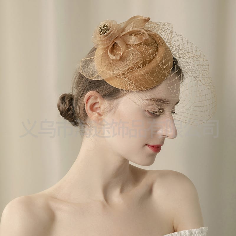 New cross-border khaki mesh top hat wholesale dance dinner elegant hair accessories small top hat female manufacturers