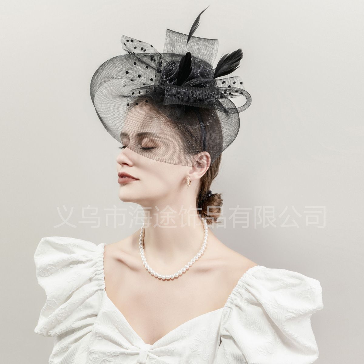 European and American mesh big headdress girls' banquet personal photo headband handmade mesh top hat British retro style top hat