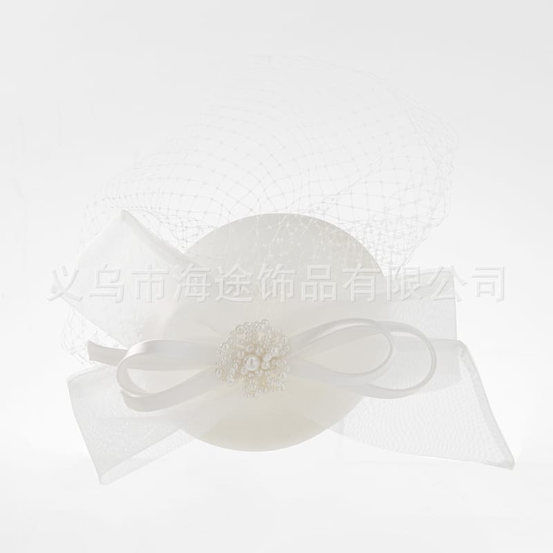 Cross-border New White Ribbon Pearl Lace Hood Bottom Mesh Elegant Headwear Banquet Party Party Bridal Hair Accessories