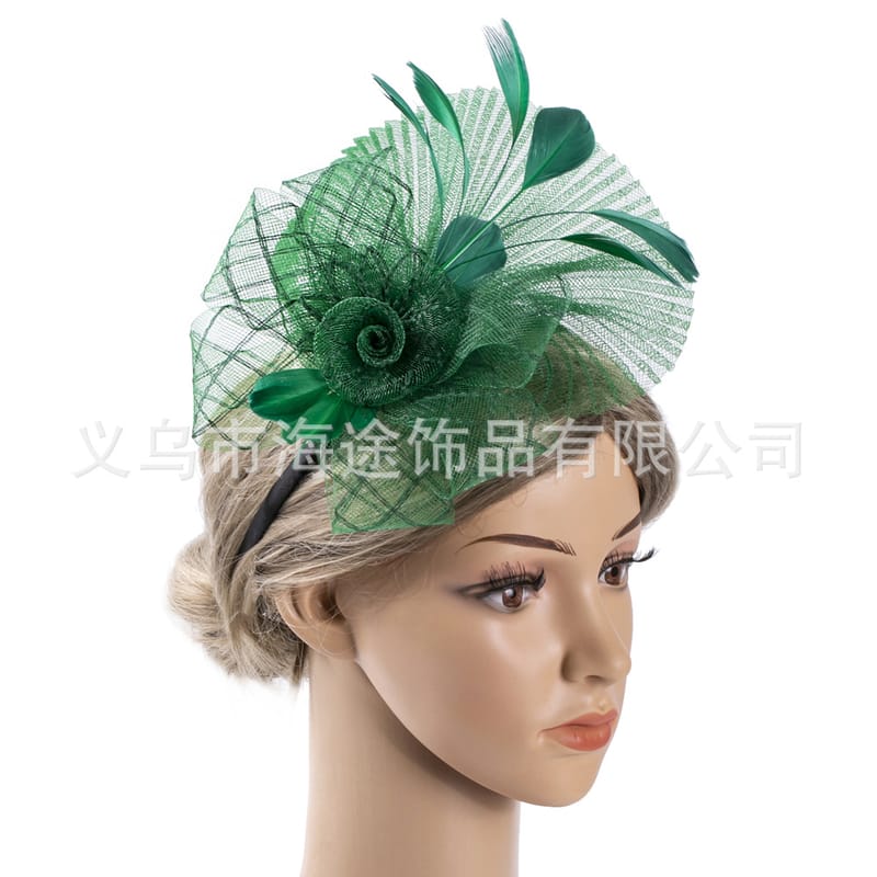 Hity fascinator grass green Bridal Fascinator with Long Veil - Elegant Church Wedding Hat for Brides Feather & Mesh Accents 2025 Derby Horse Racing Tea Party