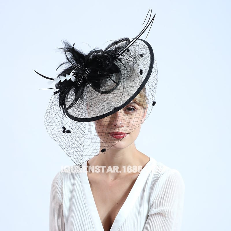 Amazon new feather top hat retro European and American lady hair accessories banquet headdress linen mesh top hat wholesale