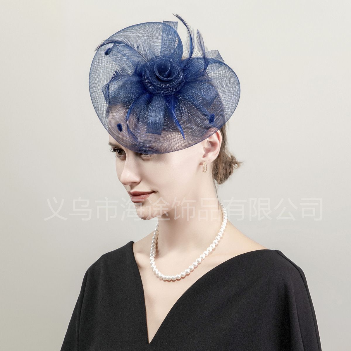 Amazon navy blue mesh flower head buckle banquet top hat women's photography stage accessories bridal top hat wholesale
