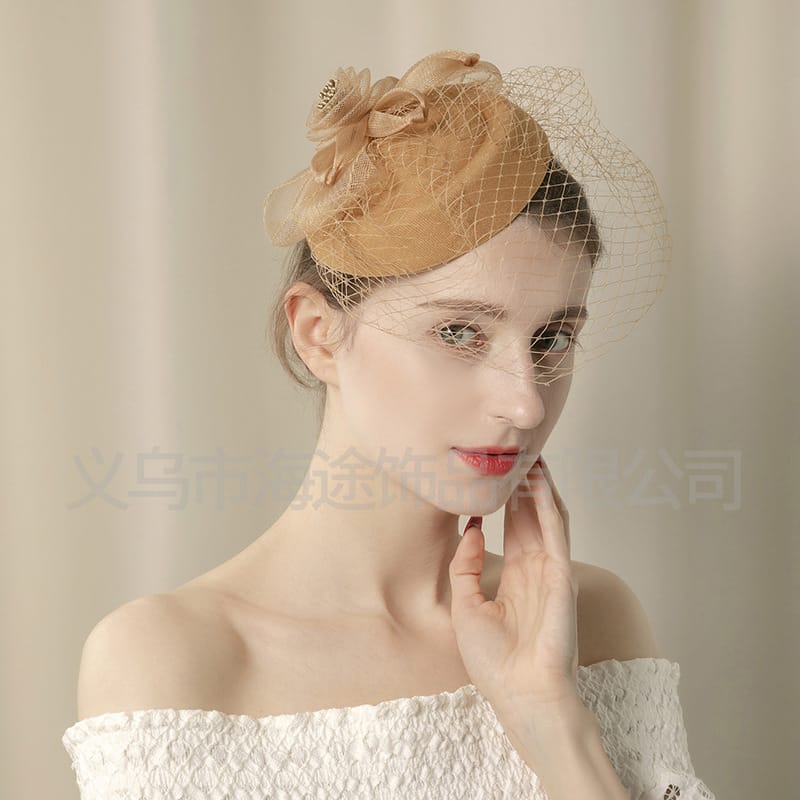 New cross-border khaki mesh top hat wholesale dance dinner elegant hair accessories small top hat female manufacturers