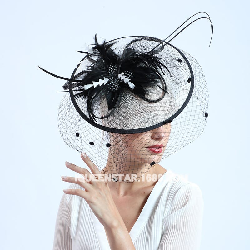 Amazon new feather top hat retro European and American lady hair accessories banquet headdress linen mesh top hat wholesale