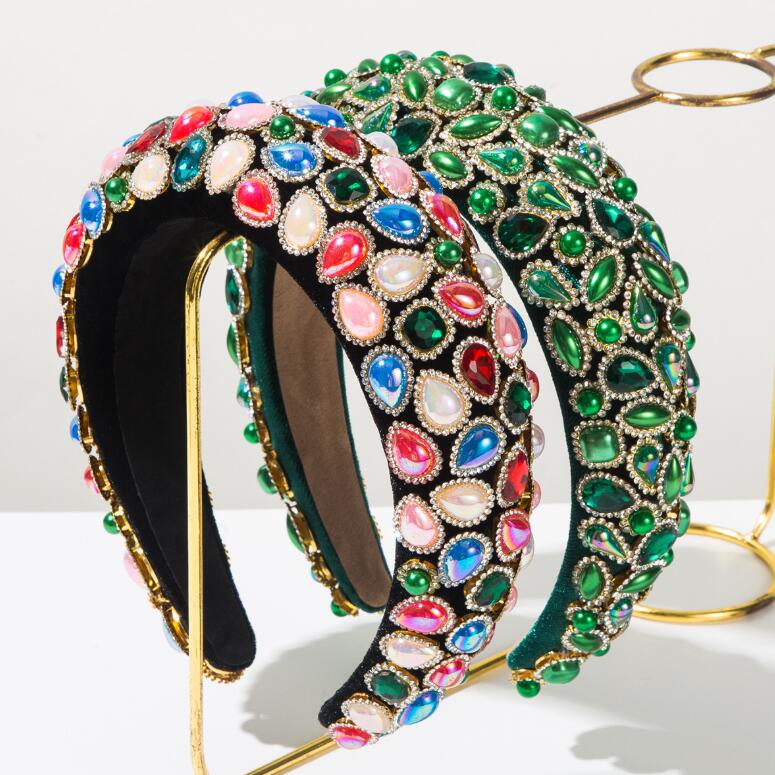 French vintage thick sponge headband Baroque exaggerated with crystal and pearls hairband for women