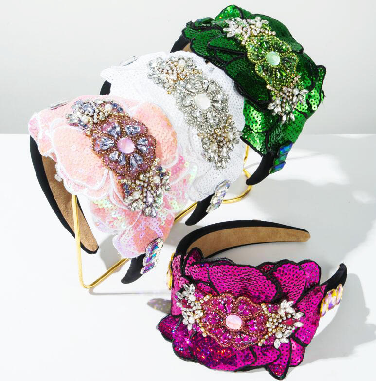 Retro fashionable gemstones headband hand-sewn sequins flower design dance party hair accessory