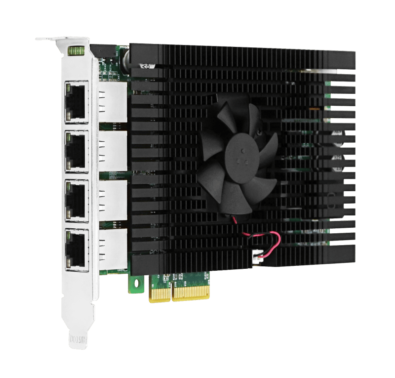 LRES2344PT-POE Quad-port 5G PoE+ PCIe NIC with Marvell AQC114 controller, supporting up to 90W total power output for industrial vision and automation.