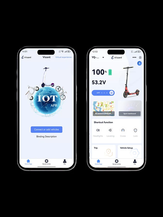 Two Vicont app screens showing connection and scooter overview