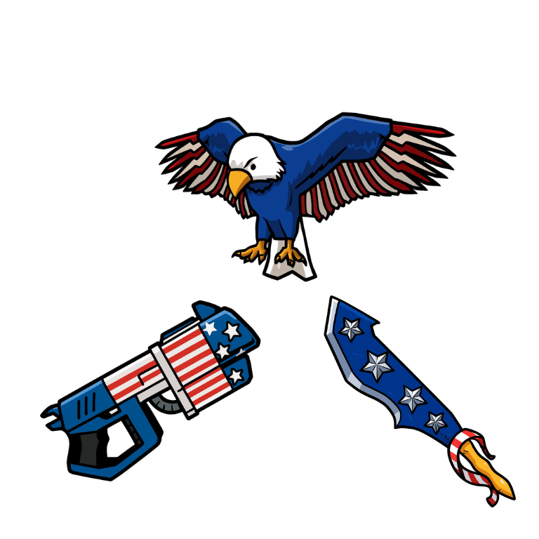 1 bundle: 1 Amerilaser (gun); 1 Old Glory (knife); 1 Sammy (pet)