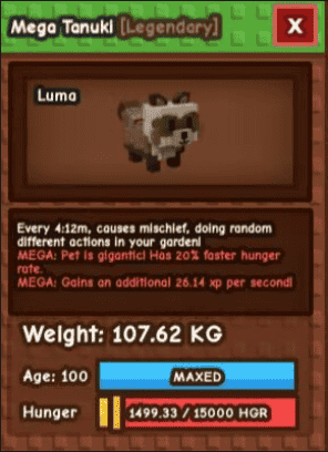 1 item; Mega Tanuki | 107.62 kg + 100 age