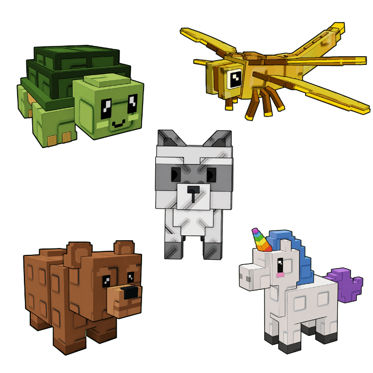 1 item; This bundle includes: Raccoon , Golden Dragonfly , Unicorn , Bear , and Turtle .