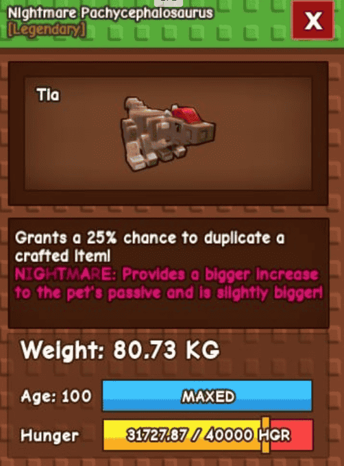 1 item; Nightmare Pachycephalosaurus | 80.73 kg + 100 age