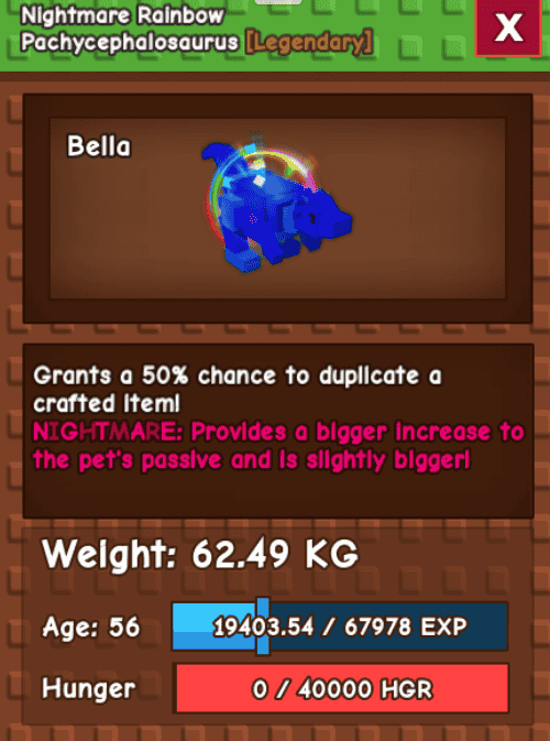 1 item; Nightmare Rainbow Pachycephalosaurus | 62.49 kg + 56 age