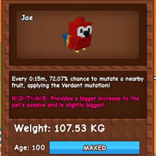 1 item; Nightmare Scarlet Macaw | 107.53 kg + 100 age