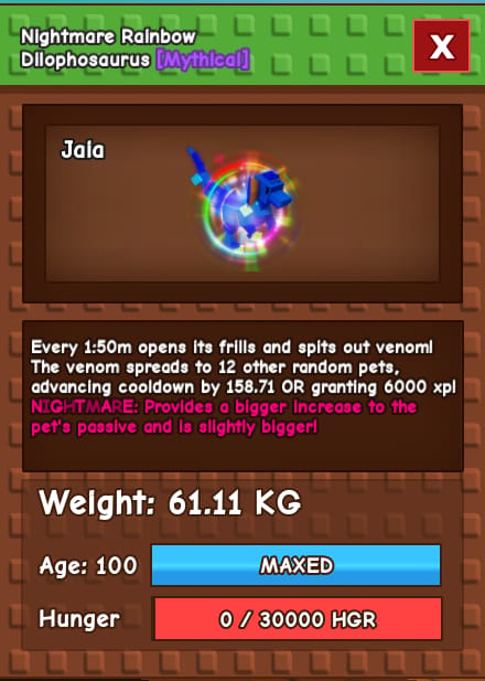 1 item; Nightmare Rainbow Dilophosaurus | 61.11 kg + 100 age