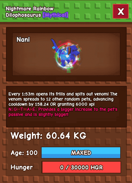 1 item; Nightmare Rainbow Dilophosaurus | 60.64 kg + 100 age