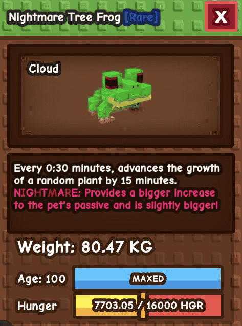 1 item; Nightmare Tree Frog | 80.47 kg + 100 age