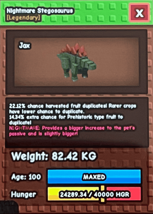 1 item; Nightmare Stegosaurus | 82.42 kg + 100 age