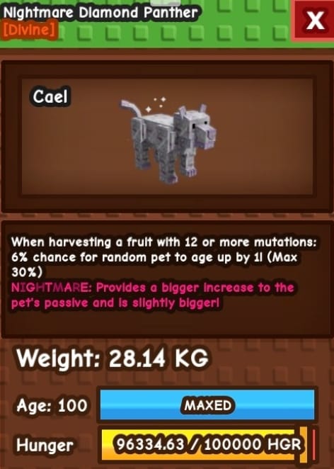 1 item; Nightmare Diamond Panther | 28.14 kg + 100 age