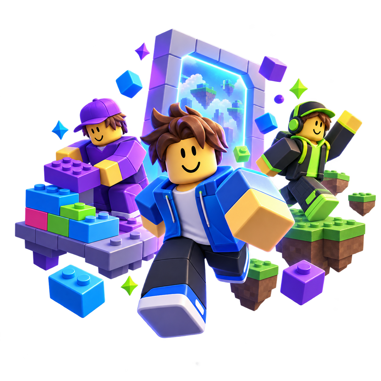 Roblox-style avatars building, exploring and playing across floating worlds
