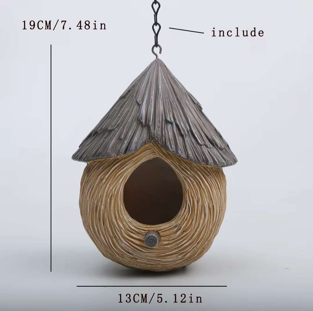 Cottage Straw Roof Hanging Birdhouse Eco Rubber Wood Decor