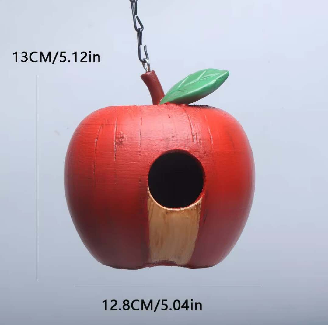 Red Apple Hanging Birdhouse Solid Wood Patio Decor
