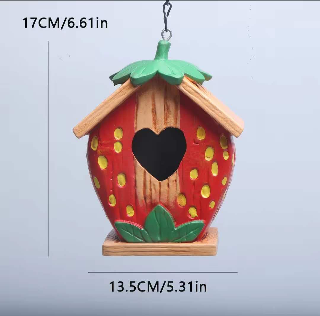 Strawberry Heart Hanging Birdhouse Eco Rubber Wood Decor