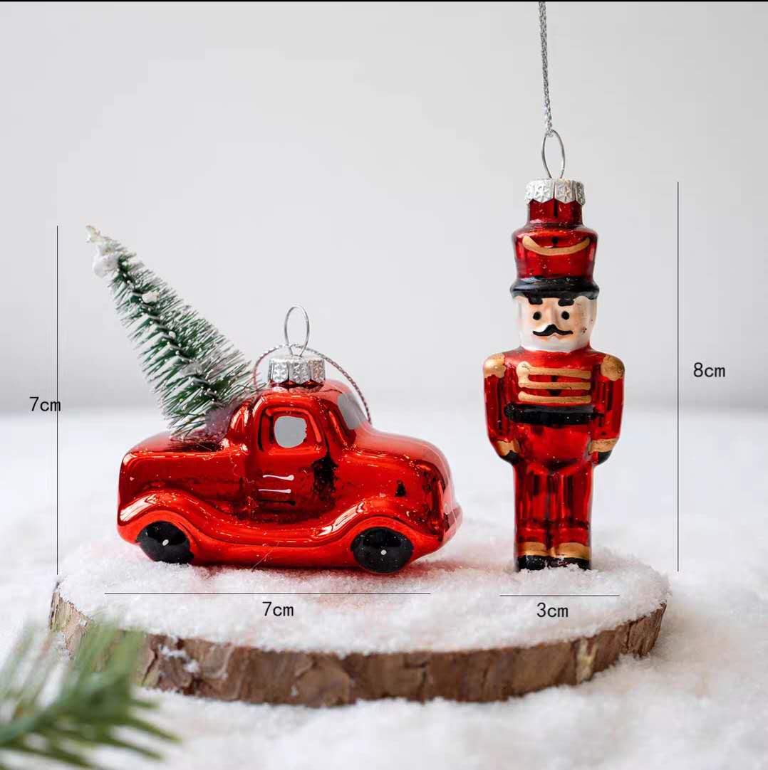 Red pickup truck 7x7cm and nutcracker soldier 8x3cm glass ornaments, 2-piece vintage Christmas decor set for tree.