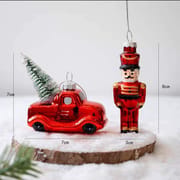 Red pickup truck 7x7cm and nutcracker soldier 8x3cm glass ornaments, 2-piece vintage Christmas decor set for tree.