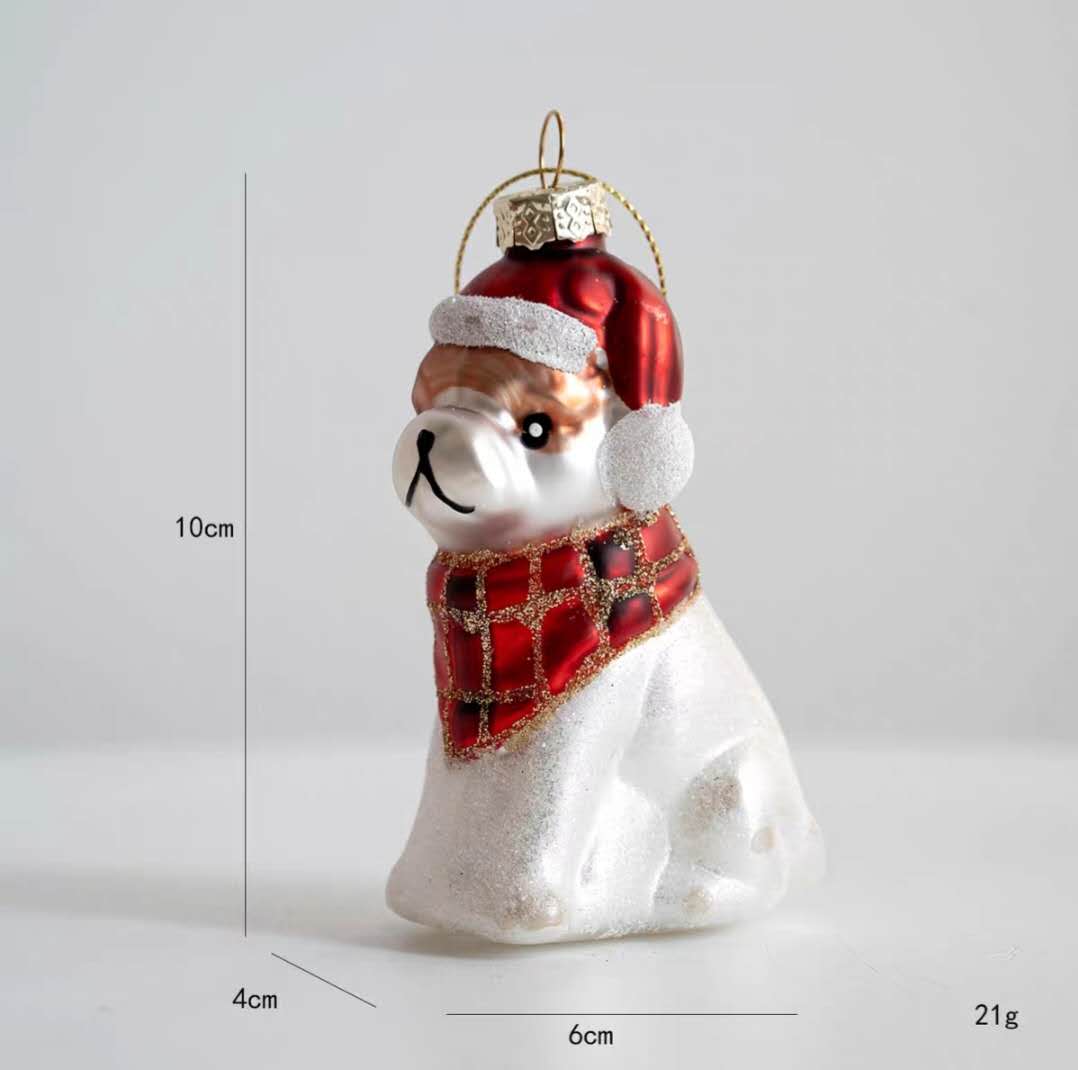 Cute puppy with Santa hat and plaid scarf glass figure, 10x6x4cm size, 21g lightweight pet lover Christmas tree hanging.