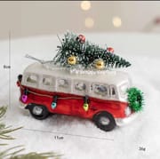 Vintage red bus carrying pine tree glass Christmas ornament, 8x11cm size, 36g lightweight winter car hanging decor.