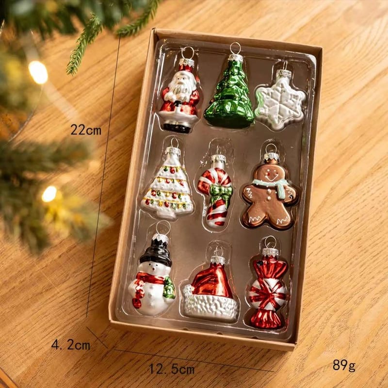 9-Piece Hand-Painted Glass Christmas Keychain Set - christmas tree ornaments set shatterproof