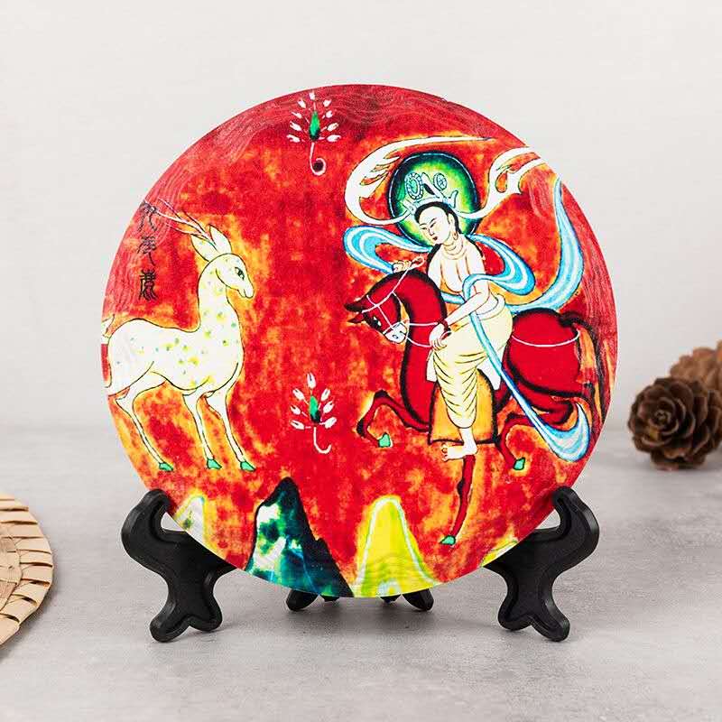 Dunhuang divine rider ceramic coaster, 10.8cm heat transfer red horse holy deer Chinese art drink mat.