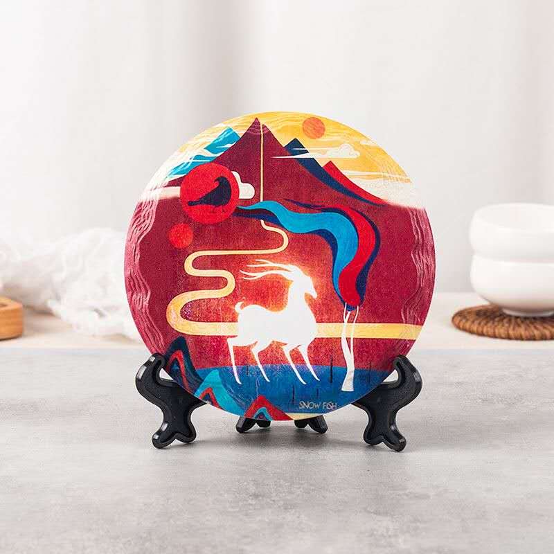 Dunhuang white deer ceramic coaster, 10.8cm heat transfer Chinese art drink mat, red mountain design.
