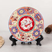 Dunhuang floral mandala ceramic coaster, 10.8cm heat transfer Chinese art drink mat, blue orange design.