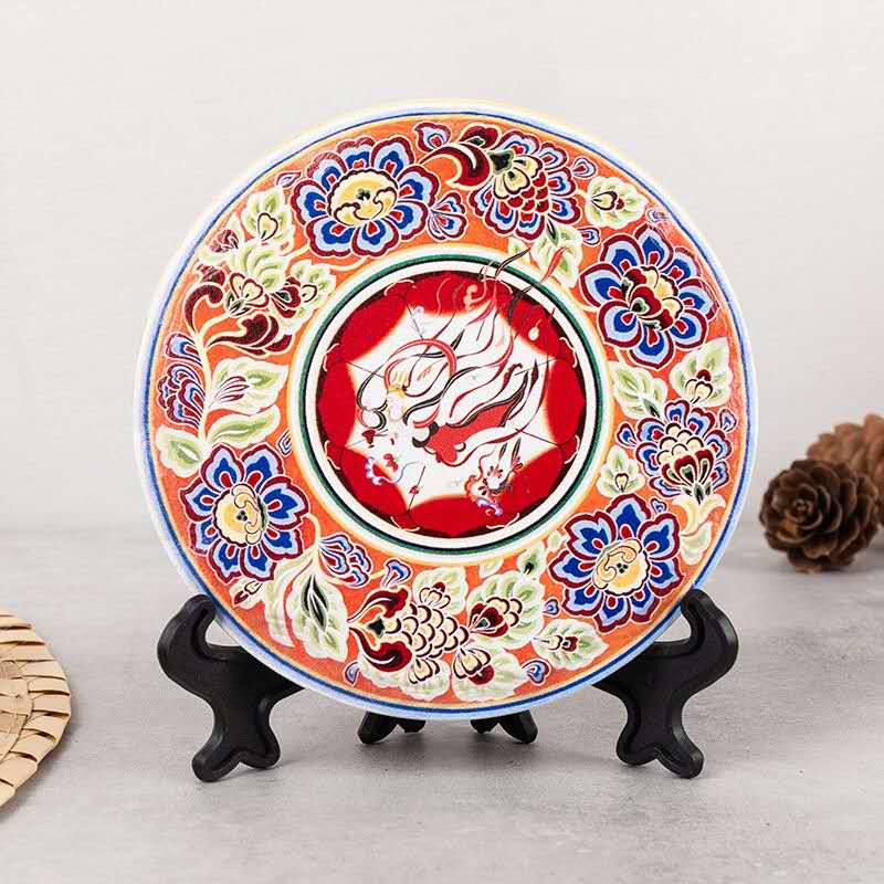 Dunhuang floral mandala ceramic coaster, 10.8cm heat transfer Chinese art drink mat, blue orange design.