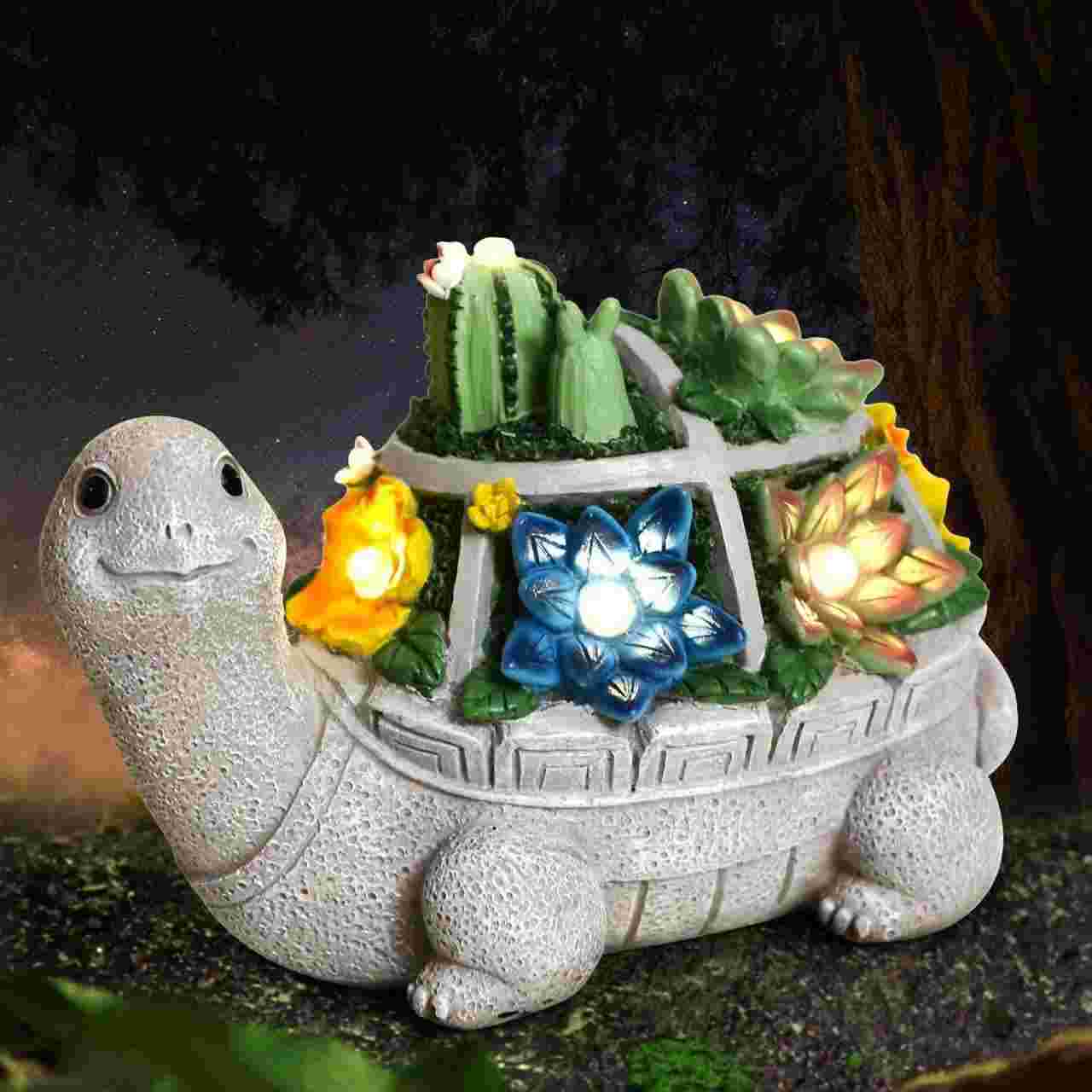 Solar turtle garden statue featuring colorful LED succulent plants on shell, waterproof resin outdoor path light.