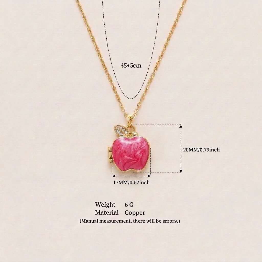 Pink marble apple locket charm necklace with crystal leaf detail