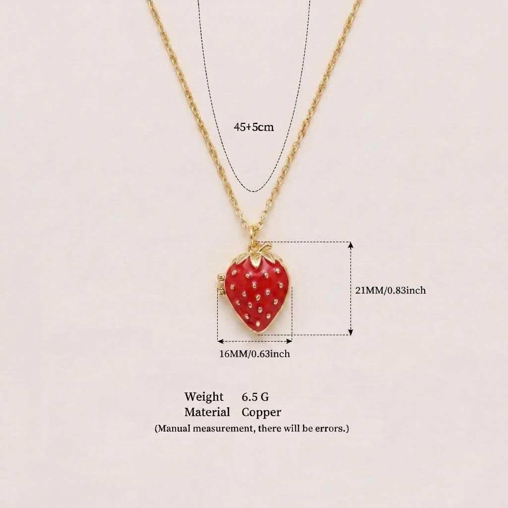 Cute red strawberry shape locket necklace adjustable gold copper chain