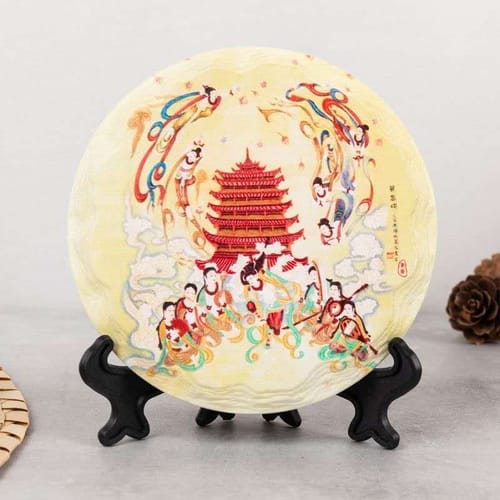 Dunhuang celestial musicians ceramic coaster with red pagoda and flying apsaras dancers, cultural gift.
