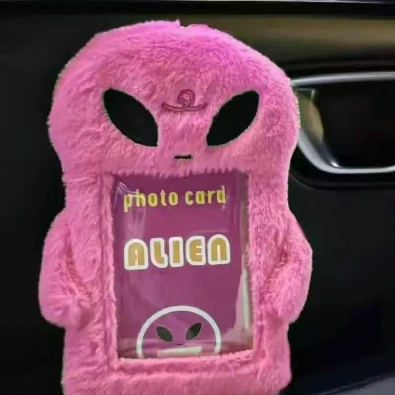 Aesthetic pink fluffy alien plush card case, ideal for school ID and cute gifts.