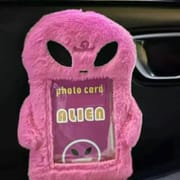 Aesthetic pink fluffy alien plush card case, ideal for school ID and cute gifts.